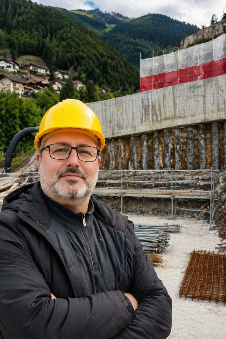 Roger Incardona in cantiere, con casco di protezione, davanti a un'opera di sostegno in calcestruzzo armato